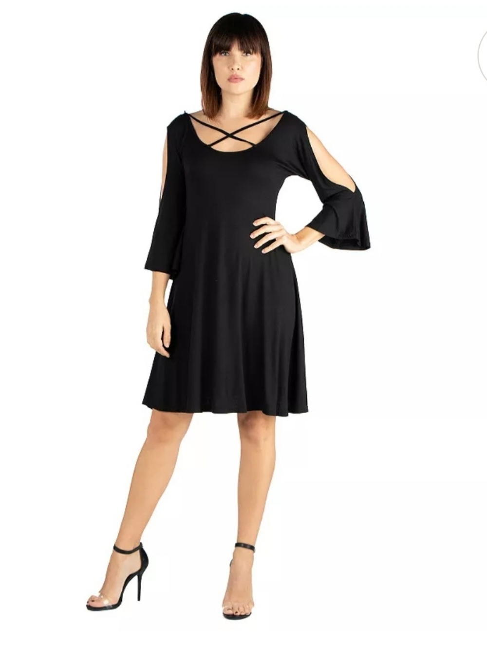 Women's 24seven Comfort Apparel Knee Length Fit & Flare Cold Shoulder Dress M